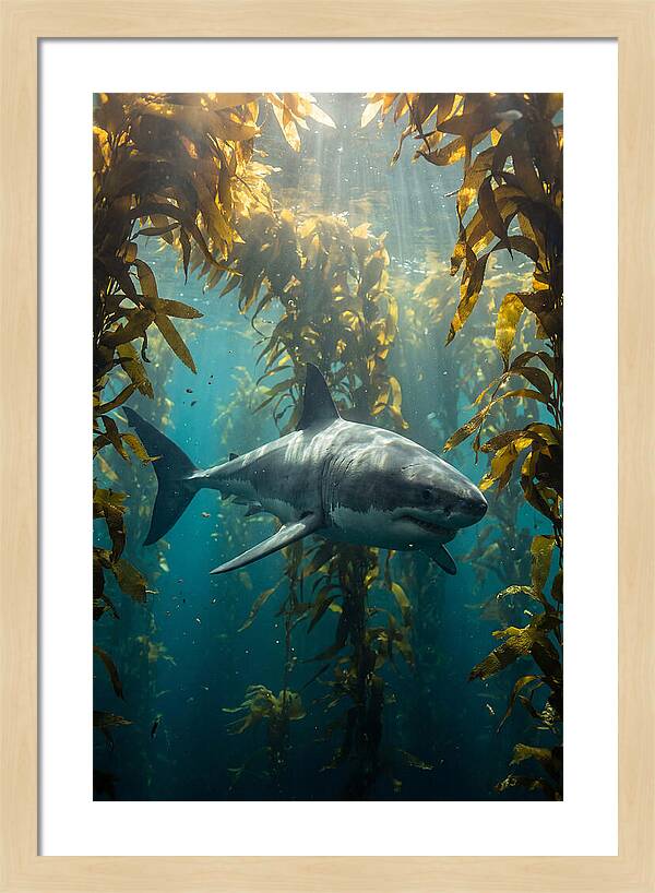 Great White Shark Patrolling Kelp