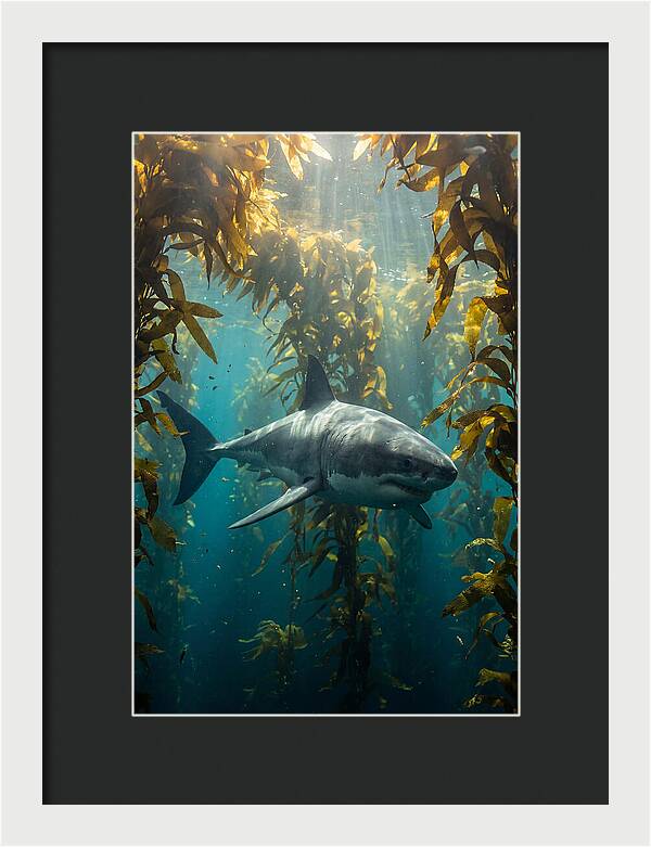 Great White Shark Patrolling Kelp