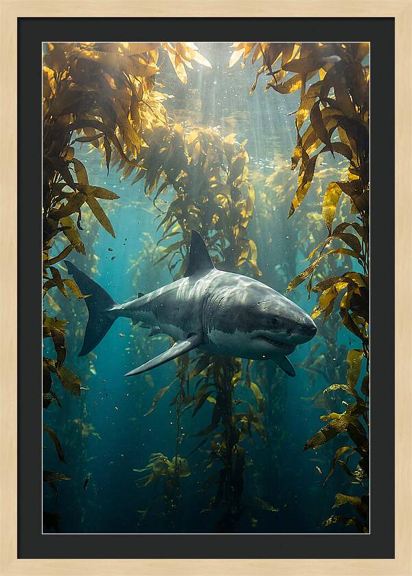 Great White Shark Patrolling Kelp