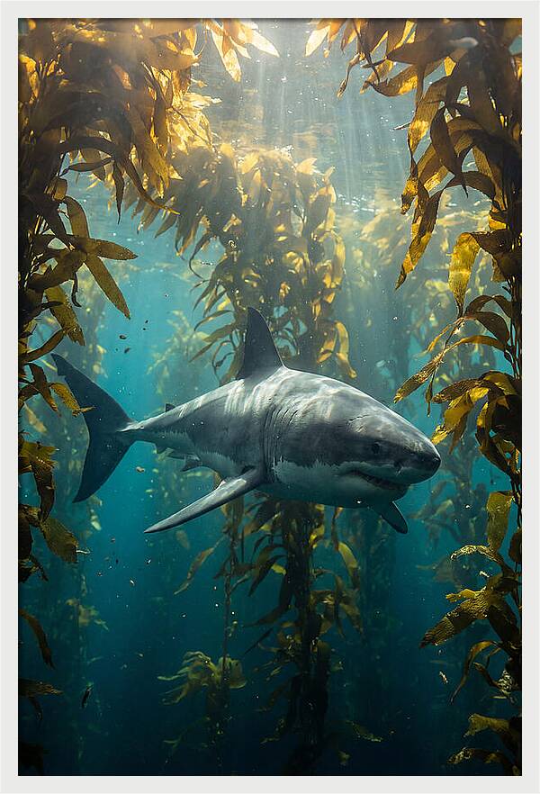Great White Shark Patrolling Kelp