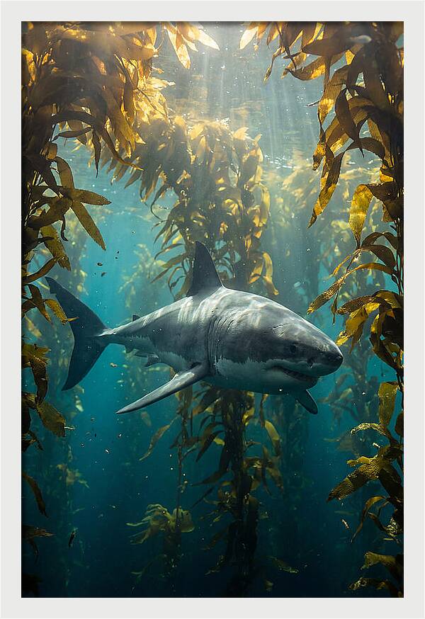 Great White Shark Patrolling Kelp