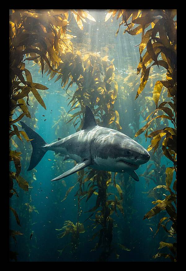 Great White Shark Patrolling Kelp