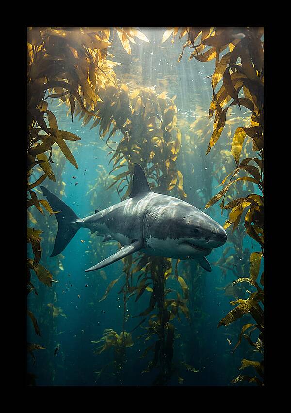 Great White Shark Patrolling Kelp