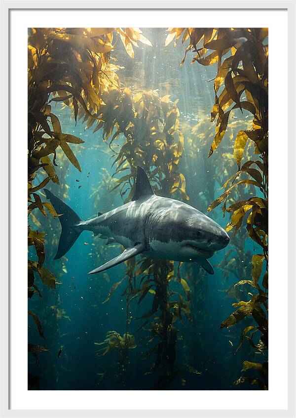 Great White Shark Patrolling Kelp
