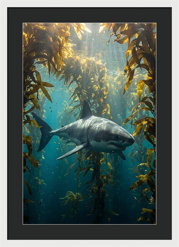Great White Shark Patrolling Kelp