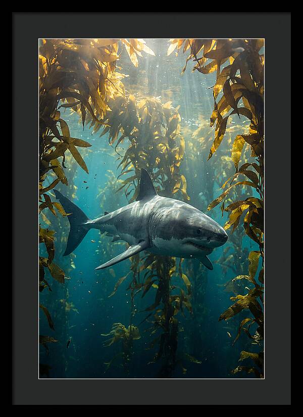 Great White Shark Patrolling Kelp
