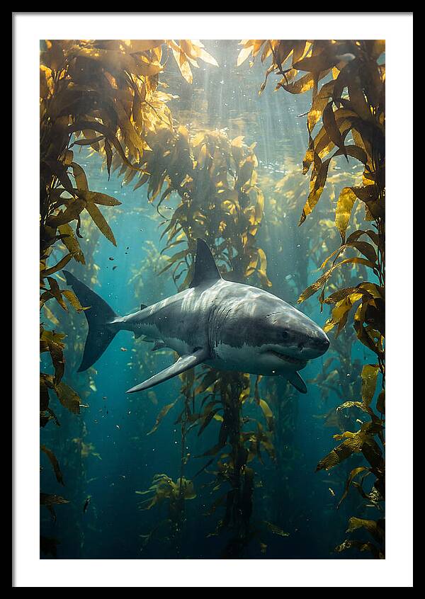 Great White Shark Patrolling Kelp