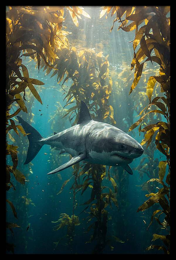 Great White Shark Patrolling Kelp