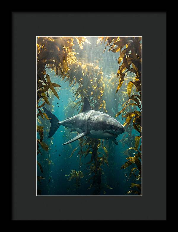 Great White Shark Patrolling Kelp