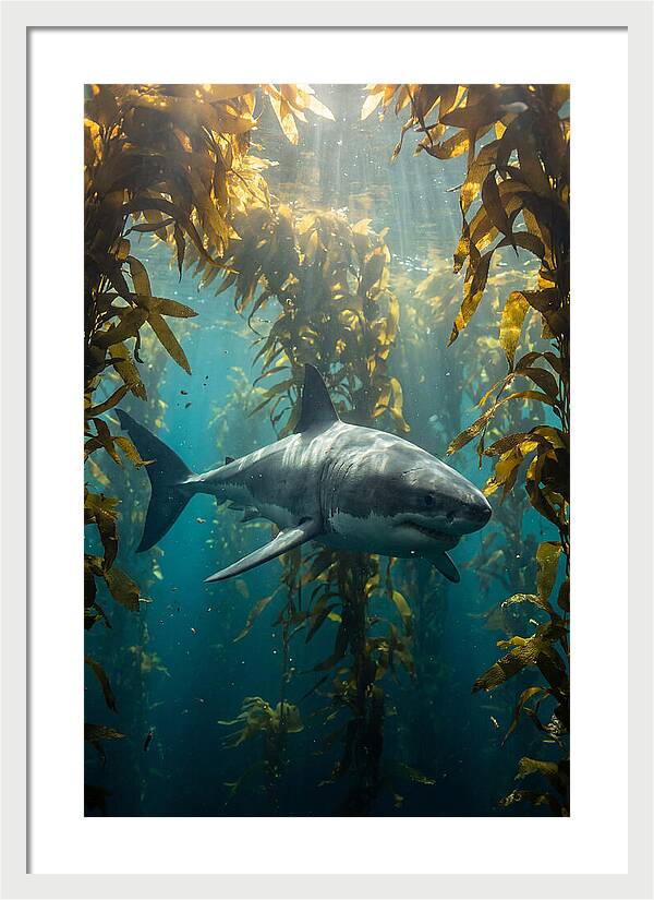 Great White Shark Patrolling Kelp