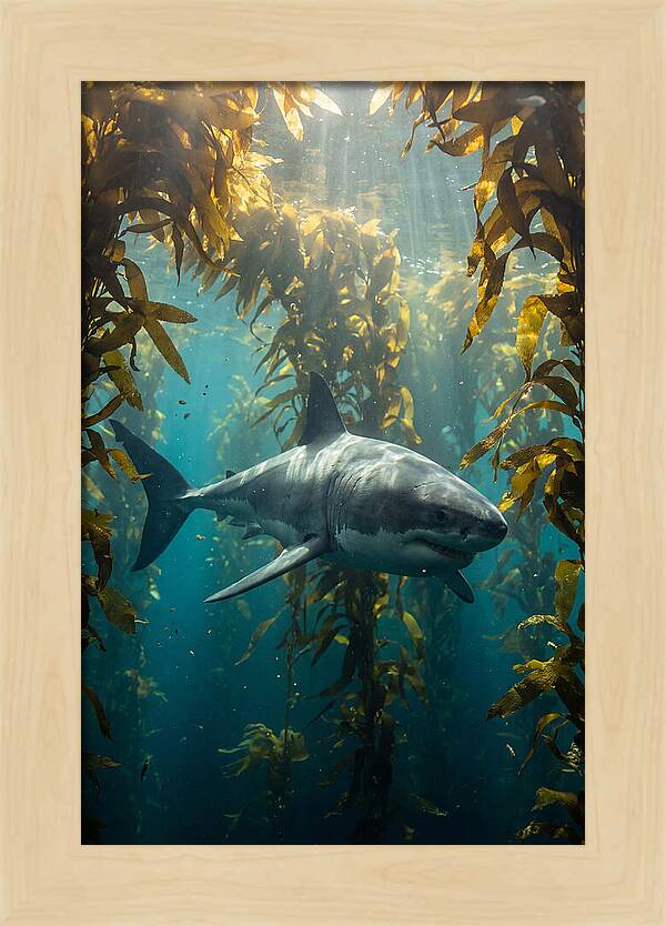 Great White Shark Patrolling Kelp