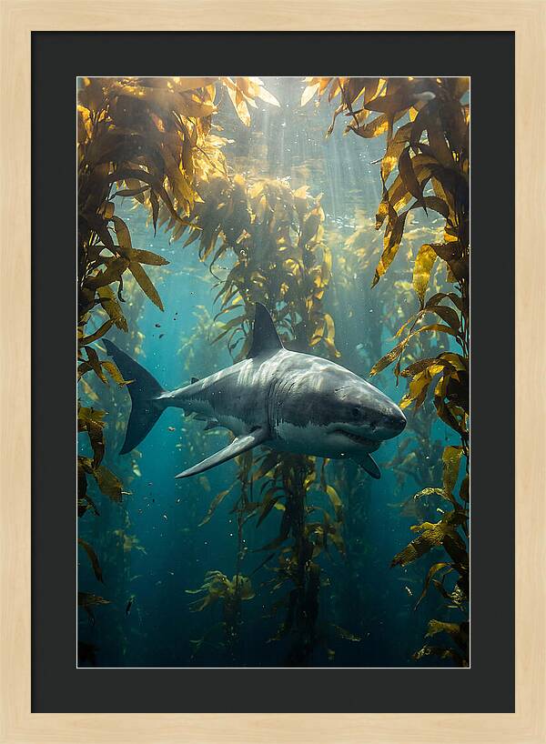 Great White Shark Patrolling Kelp