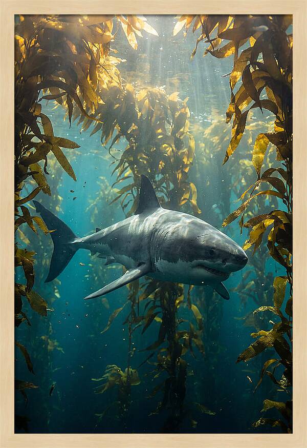 Great White Shark Patrolling Kelp