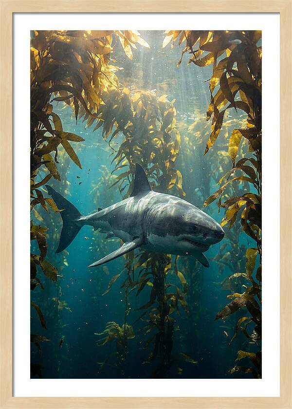 Great White Shark Patrolling Kelp