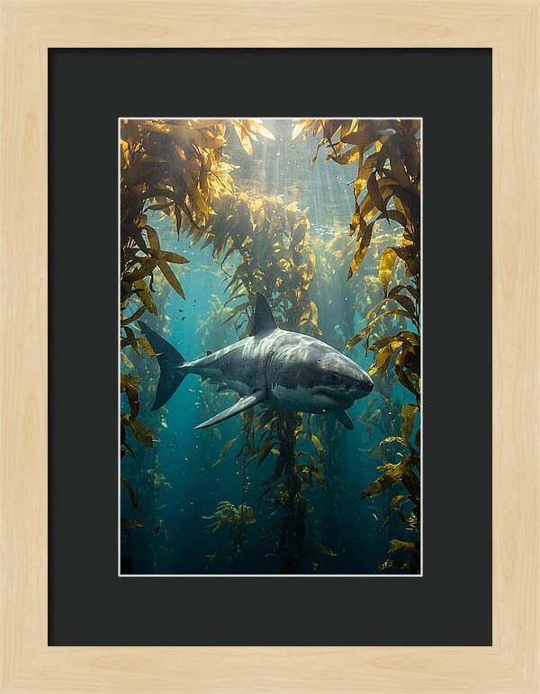 Great White Shark Patrolling Kelp