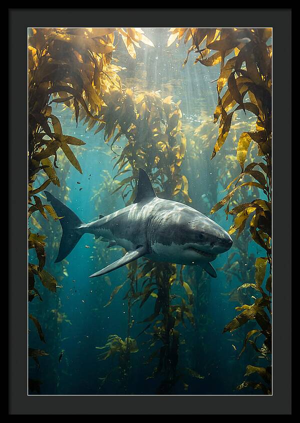 Great White Shark Patrolling Kelp