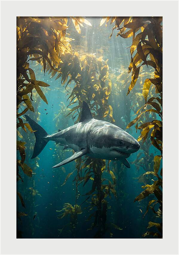 Great White Shark Patrolling Kelp