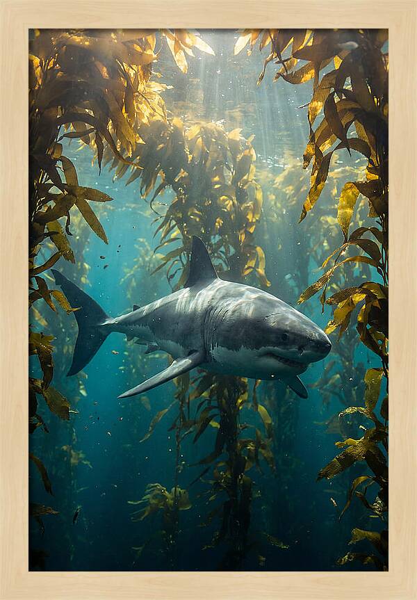 Great White Shark Patrolling Kelp