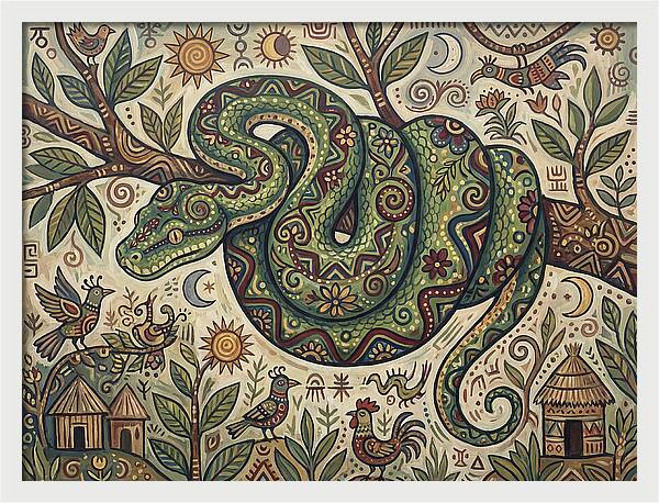 Green Tree Python In Folk Art