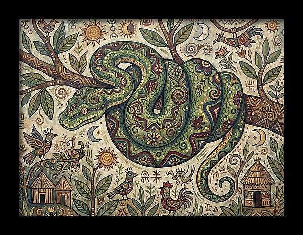 Green Tree Python In Folk Art