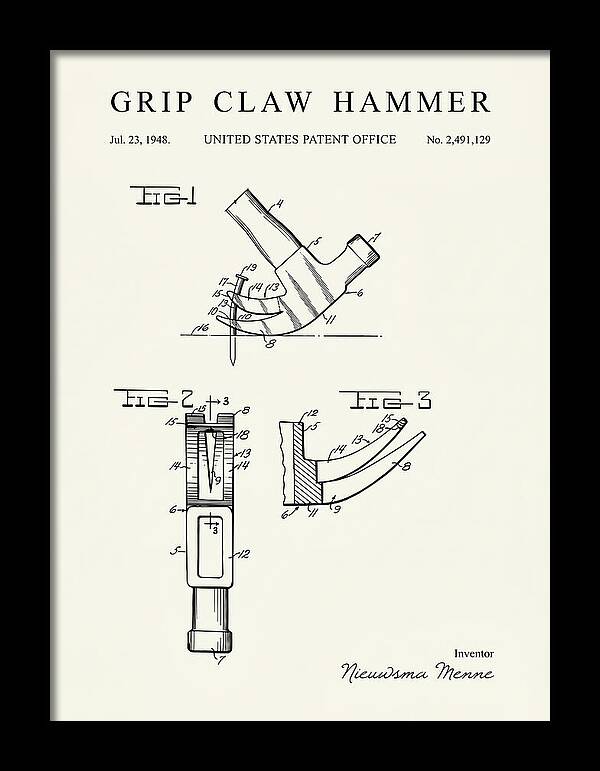 Grip Claw Hammer Minimalist Patent Us2491129a