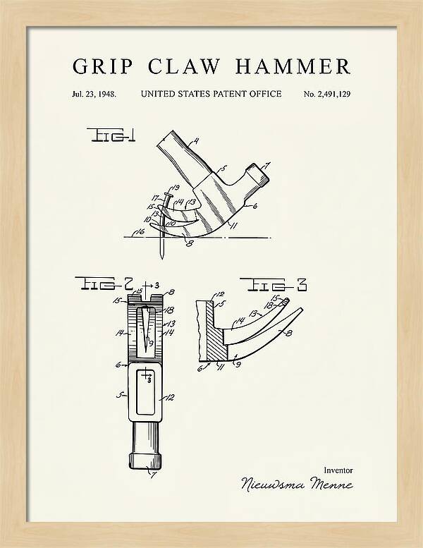Grip Claw Hammer Minimalist Patent Us2491129a