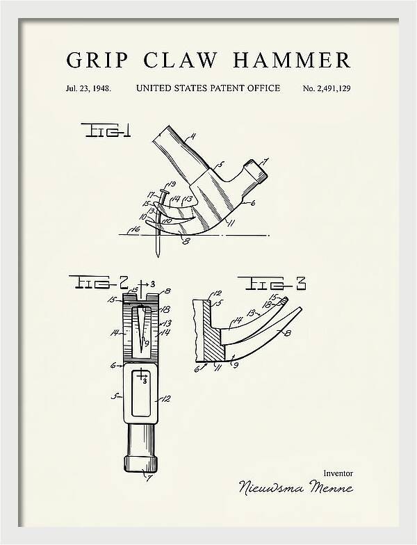Grip Claw Hammer Minimalist Patent Us2491129a