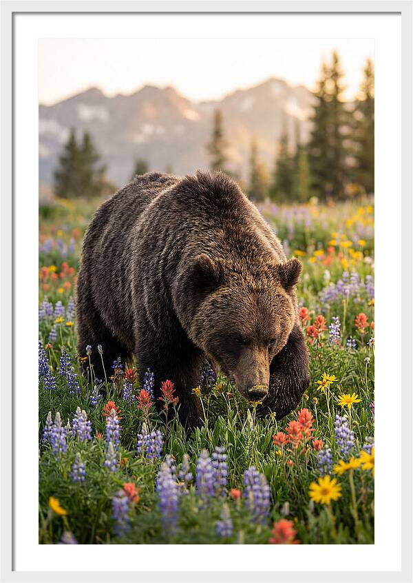 Grizzly Bear Among Wildflowers