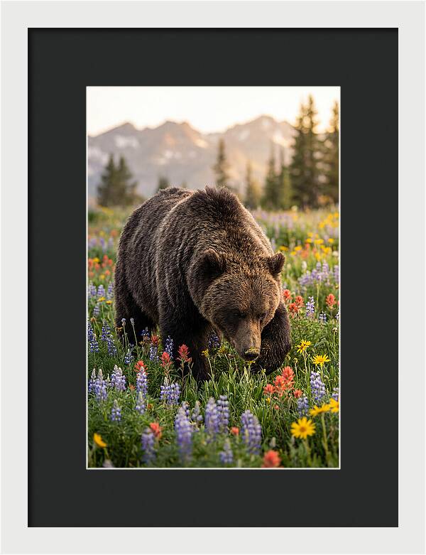Grizzly Bear Among Wildflowers