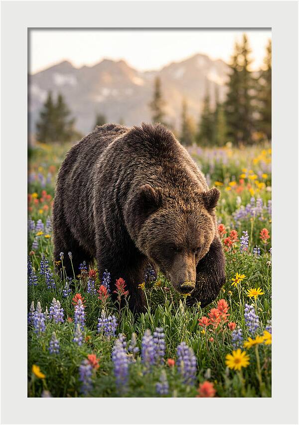Grizzly Bear Among Wildflowers