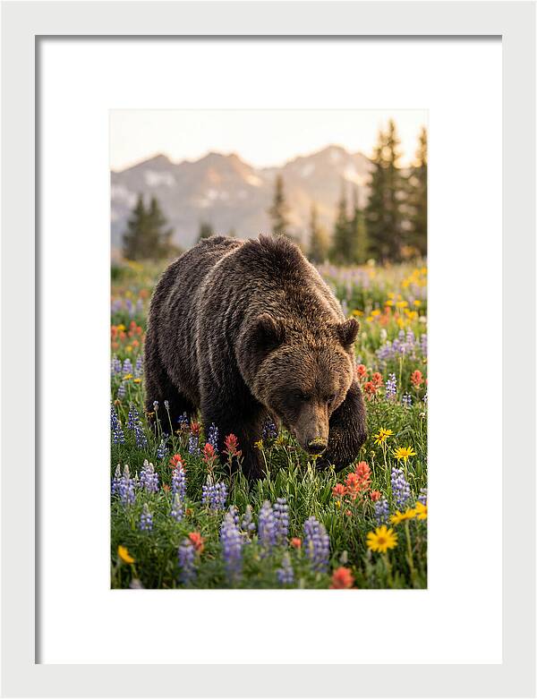 Grizzly Bear Among Wildflowers