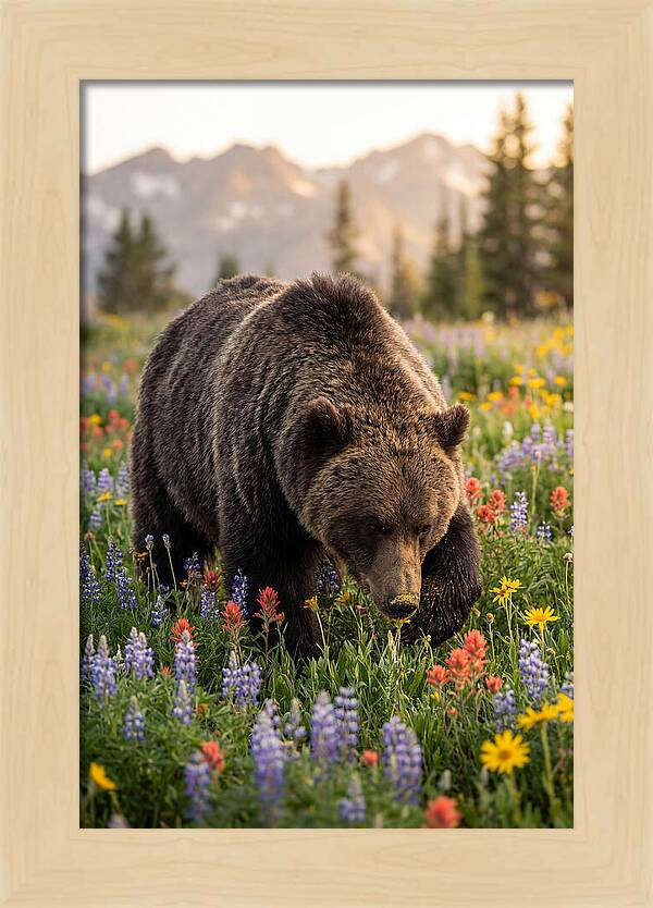 Grizzly Bear Among Wildflowers