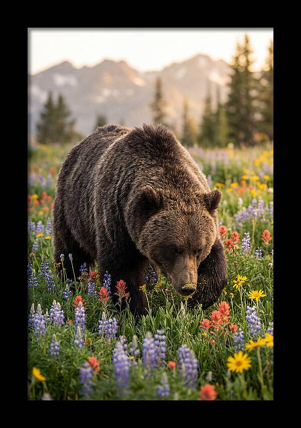Grizzly Bear Among Wildflowers