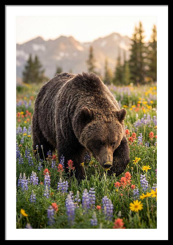 Grizzly Bear Among Wildflowers