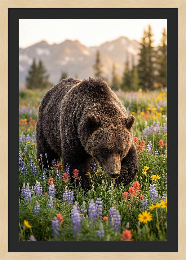 Grizzly Bear Among Wildflowers