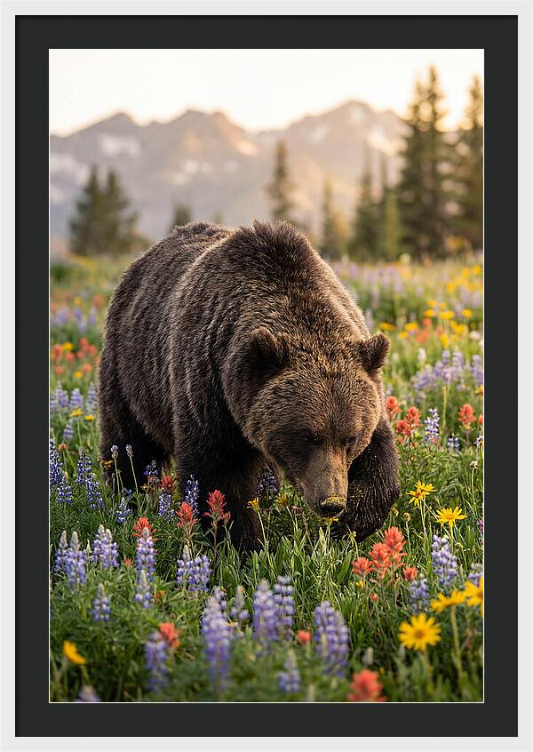 Grizzly Bear Among Wildflowers