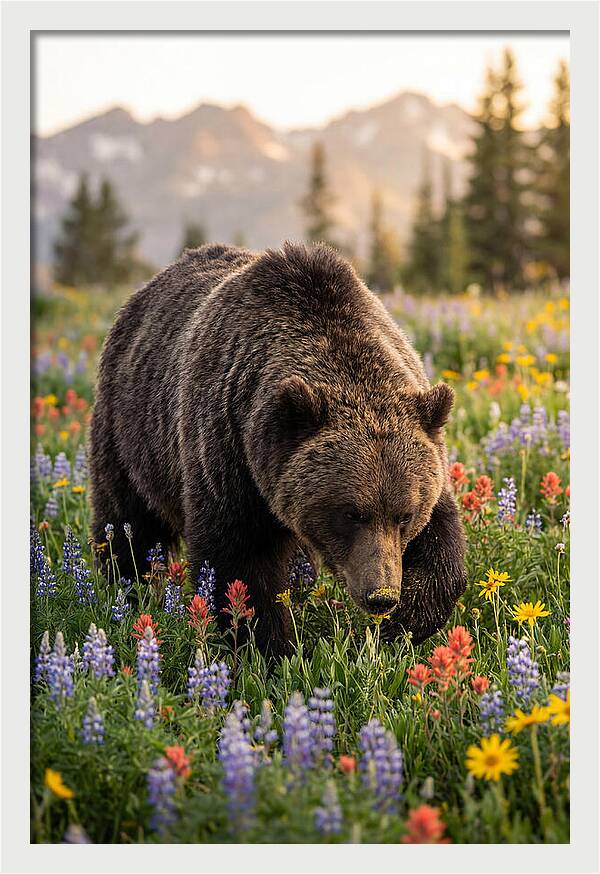 Grizzly Bear Among Wildflowers