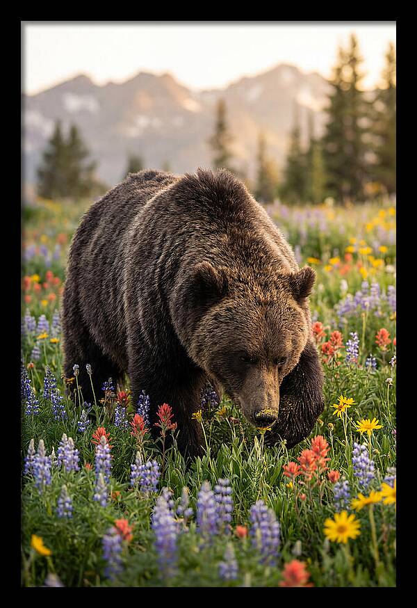 Grizzly Bear Among Wildflowers
