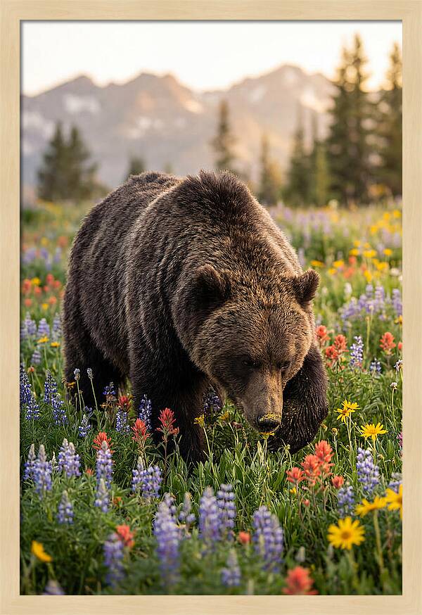 Grizzly Bear Among Wildflowers
