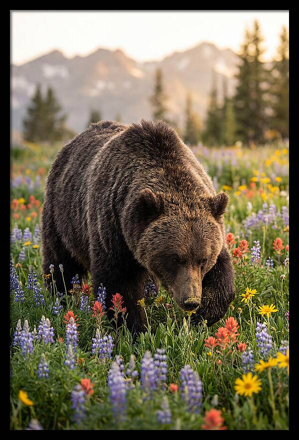 Grizzly Bear Among Wildflowers