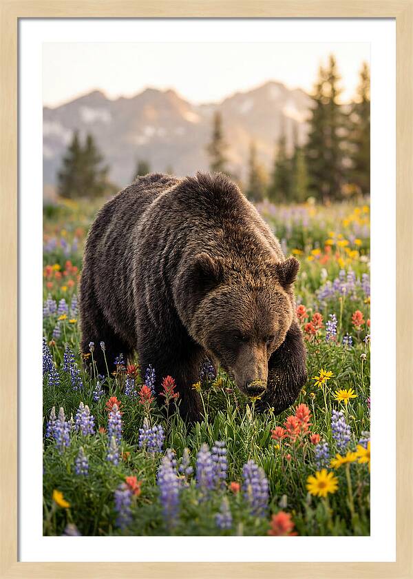 Grizzly Bear Among Wildflowers