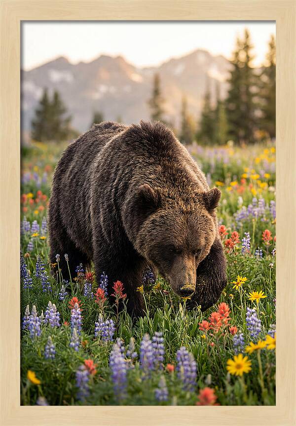 Grizzly Bear Among Wildflowers