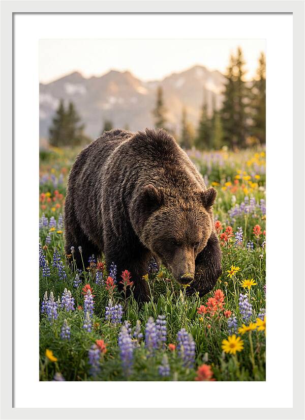 Grizzly Bear Among Wildflowers