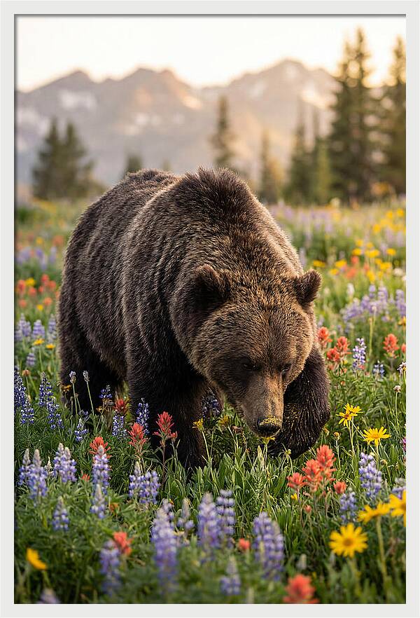 Grizzly Bear Among Wildflowers