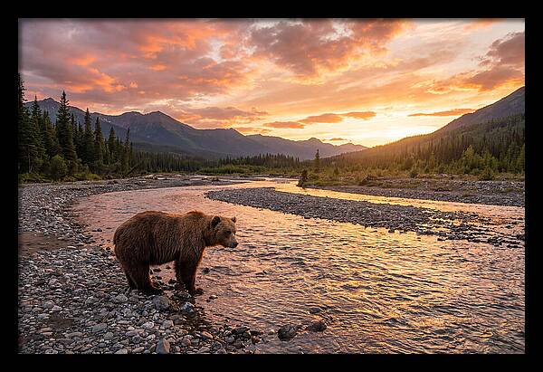 Grizzly Bear By The River At Sunset