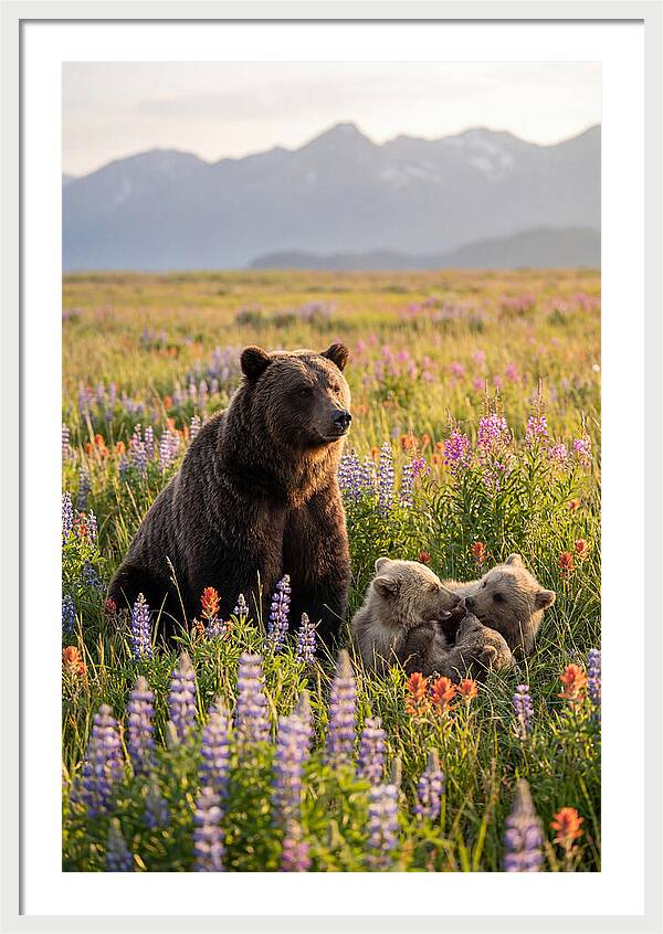 Grizzly Bear Family In Blooming Meadow
