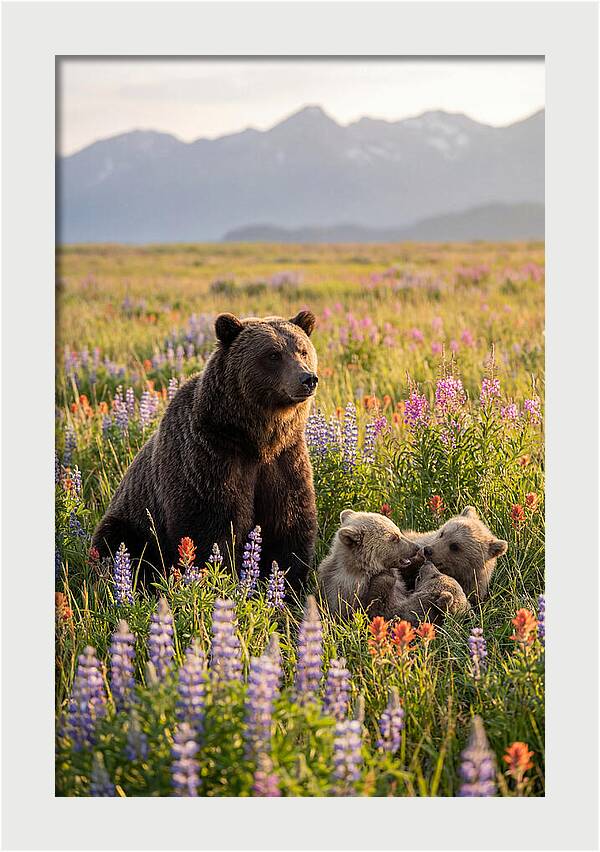 Grizzly Bear Family In Blooming Meadow