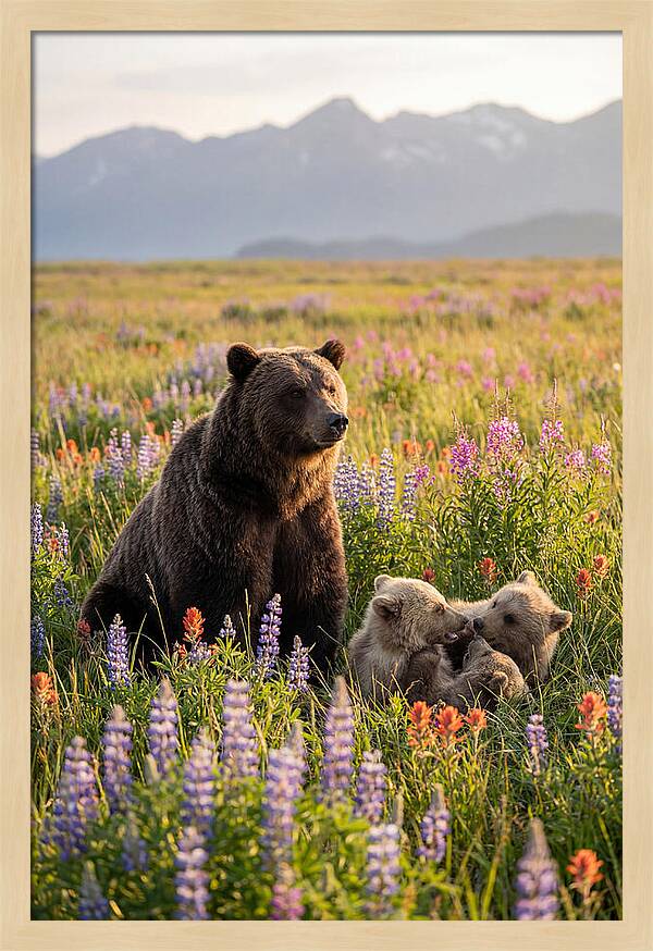 Grizzly Bear Family In Blooming Meadow