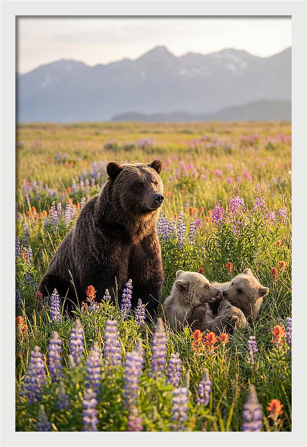 Grizzly Bear Family In Blooming Meadow
