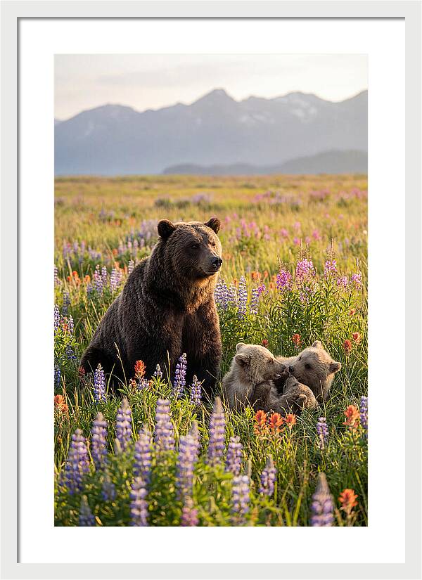 Grizzly Bear Family In Blooming Meadow